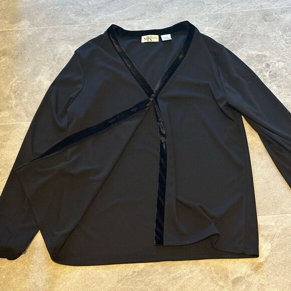 VINTAGE Black Button-Up Cardigan w/ Velvet Trim - Picture 3 of 4